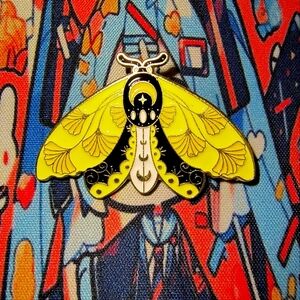 Women’s Accessories Unique Beautiful Moth Enamel Pin- Black, Yellow, and Gold